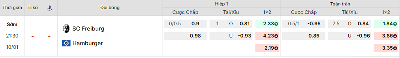 Bảng kèo mới nhất trận Freiburg vs Hamburger SV