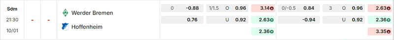 Bảng kèo mới nhất trận Werder Bremen vs Hoffenheim